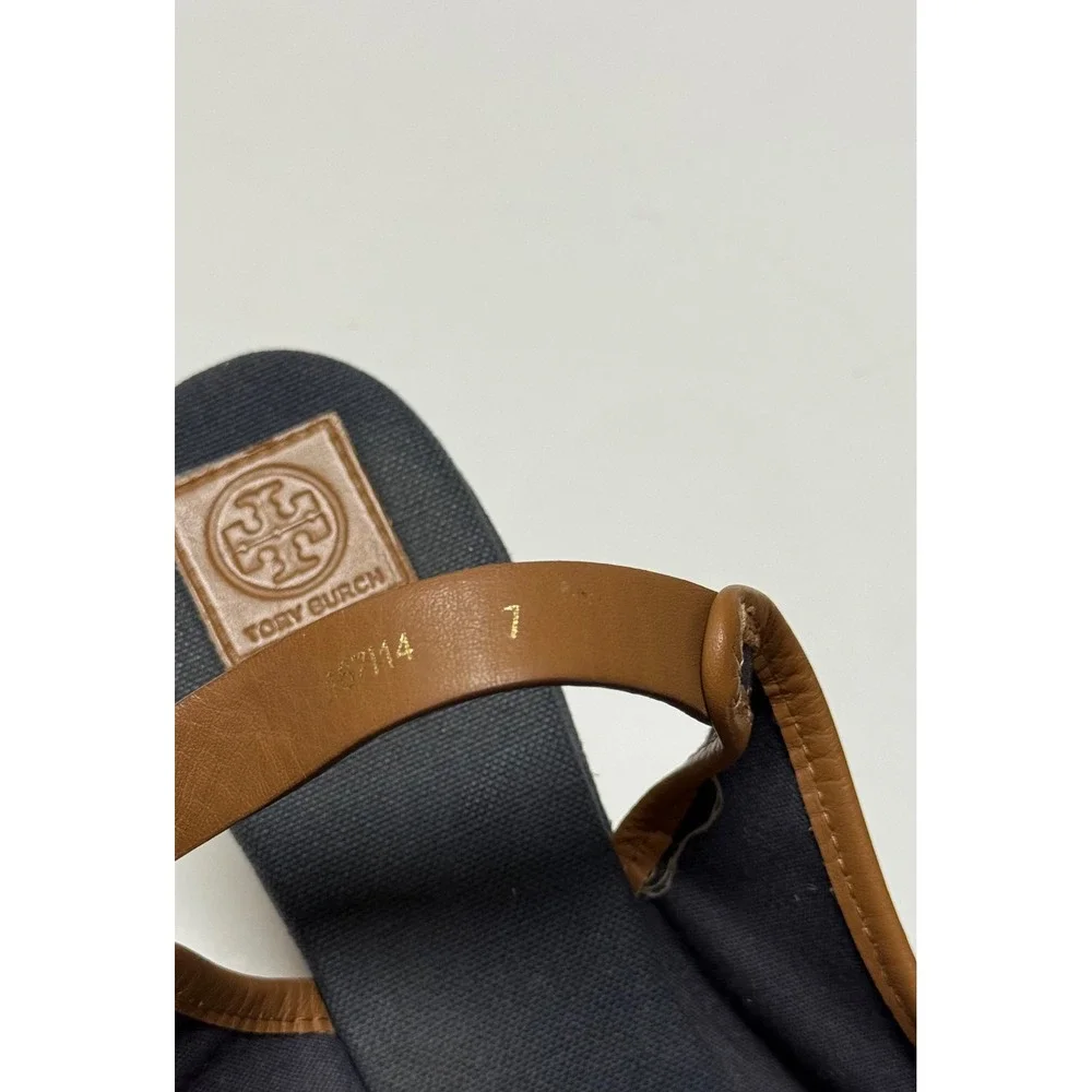 Tory Burch Navy Canvas Tan Leather Espadrille Wedge Sandals Slingback Size 7